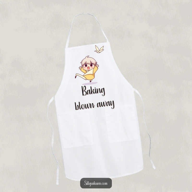 Funny Character Apron: A surprised character leaps back from a happy wind gust, adding amusing surprise to your kitchen attire.