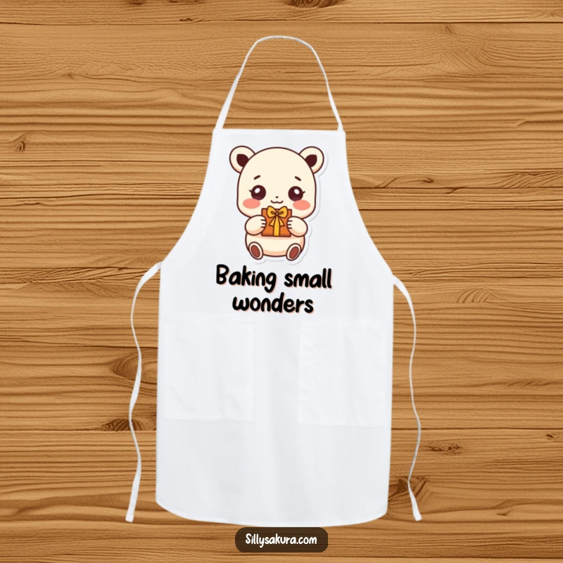 Funny apron showing a small character with beaming eyes, happily offering a handmade gift, perfect for the thoughtful cook.