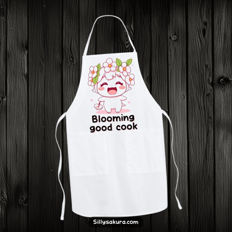 Funny apron featuring a stylized cherry blossom character with a wide, happy smile, adding floral humor to cooking adventures.