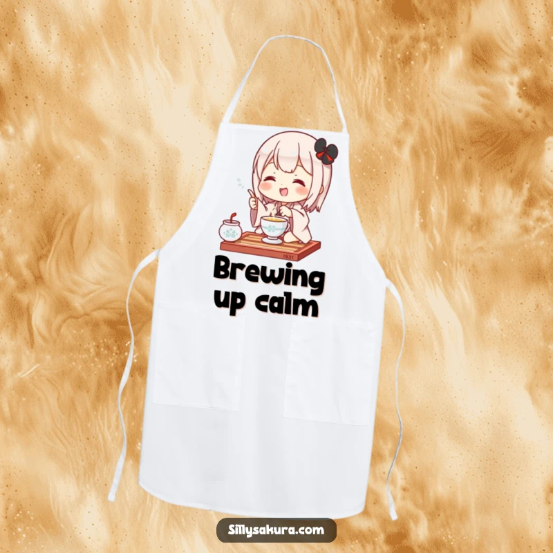 Funny Kawaii Apron. A cute character joyfully executes a tea ceremony gesture, adding charm to your kitchen adventures.
