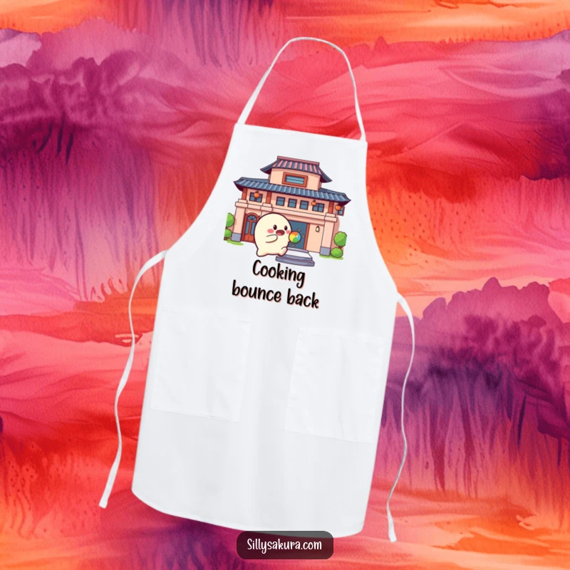 Funny Apron showing a rounded character playfully bouncing a colorful ball against a building, a humorous kitchen item.