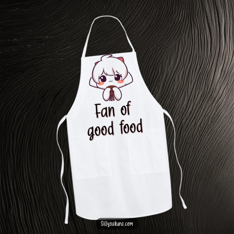 Funny apron featuring a stylized Japanese fan character opening and closing with a flourish, adding elegant humor to cooking.