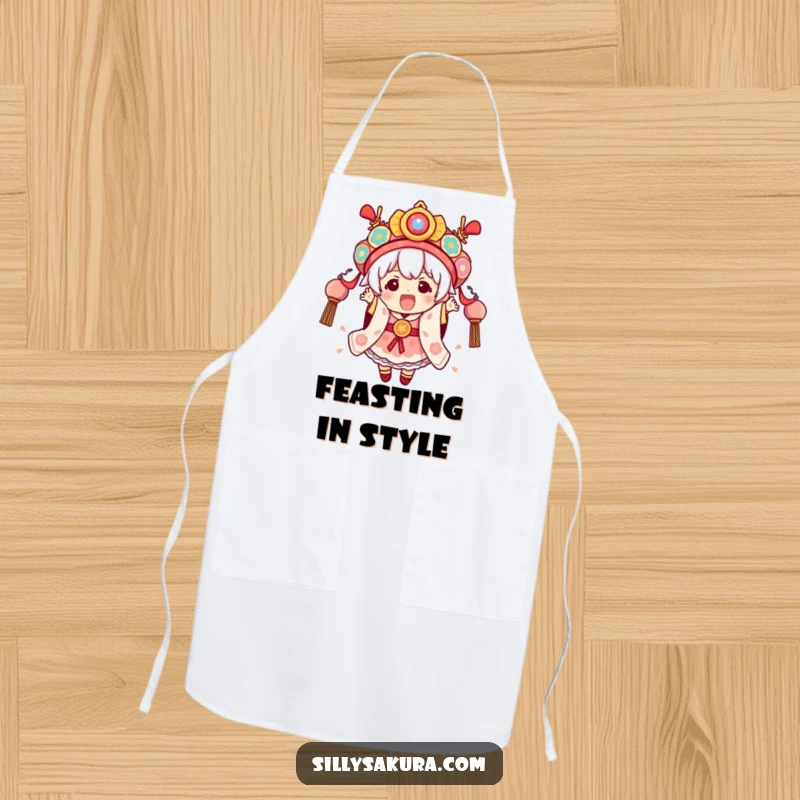 Funny Festival Kawaii Apron with a cute character excitedly wearing elaborate festival attire, ready for a feast.