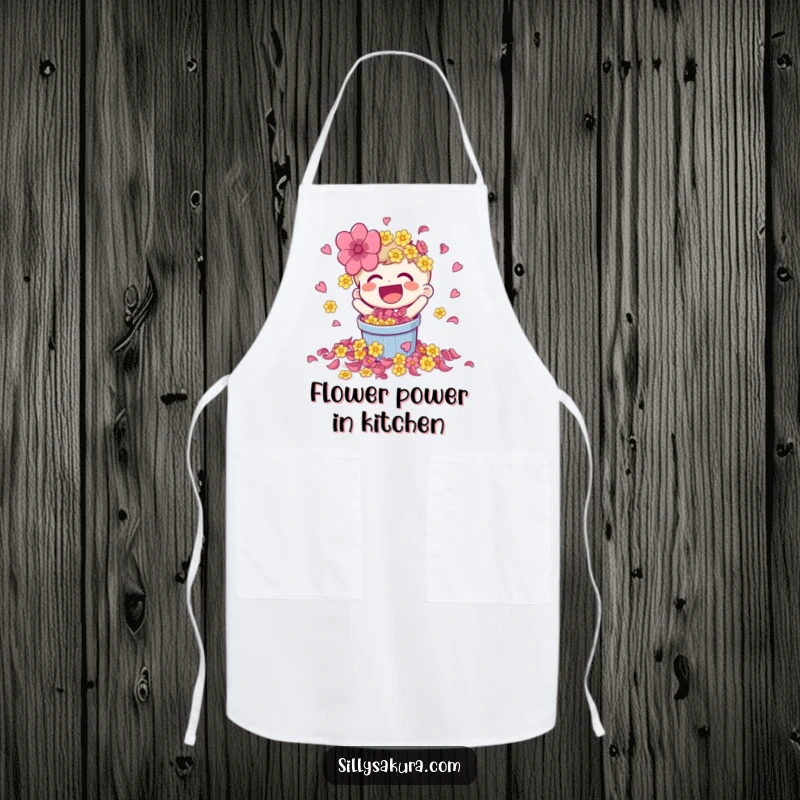 Funny apron with a laughing character spilling a bucket of bright flower petals, perfect for colorful cooking.
