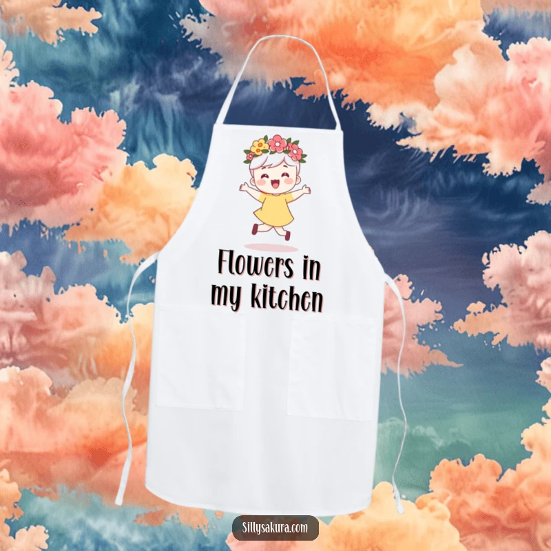 Funny apron showing a cute character wearing a flower crown, happily skipping with an exuberant and joyful attitude.