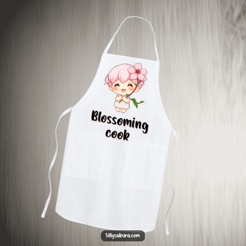 Funny Apron: A tiny character with a large smile holds a blooming cherry blossom, adding spring's charm to kitchen tasks.