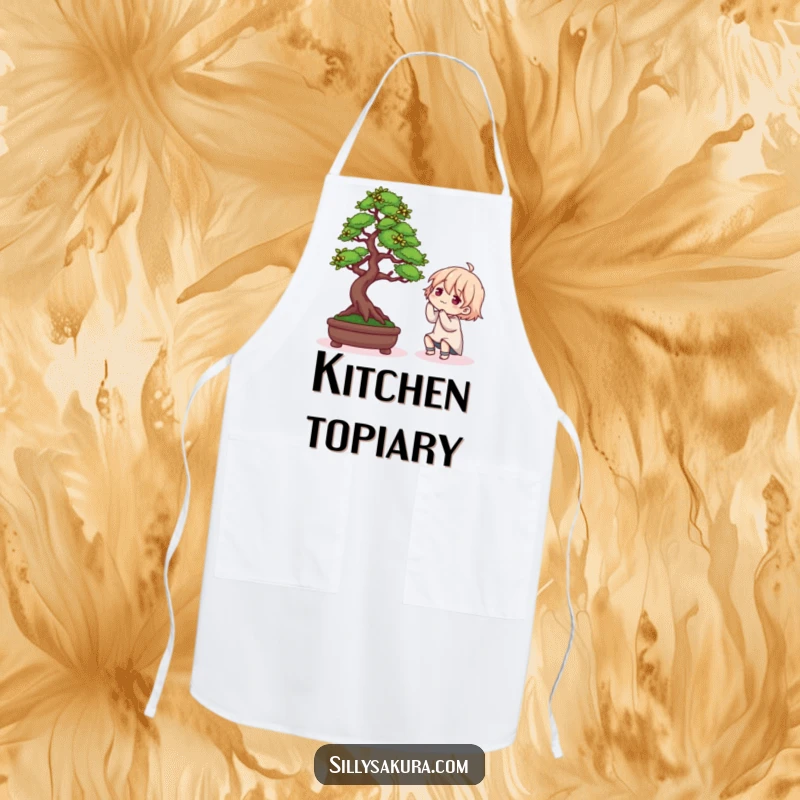 Funny apron depicting a character humorously arranging a Bonsai tree, great for cooks who love gardening and a laugh.