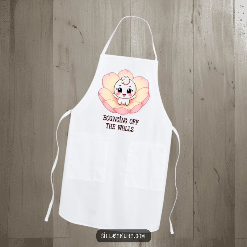 Funny apron with a cheerful character, big eyes, bouncing on a pink petal; perfect for happy cooking.