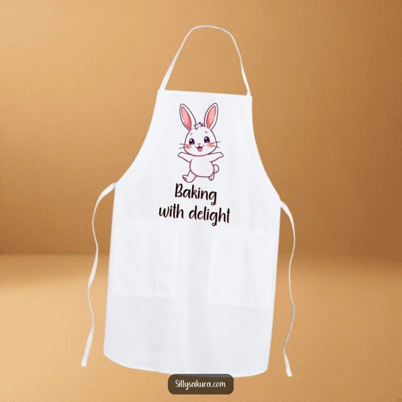Funny Apron illustrating a cheerful rabbit character with alert ears, hopping with delight, perfect for a joyful cooking session.