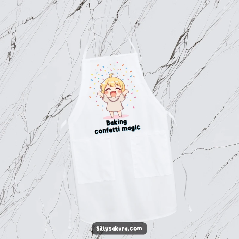 Funny Apron: A character enthusiastically throwing colorful confetti, adding a festive touch to cooking or hosting.