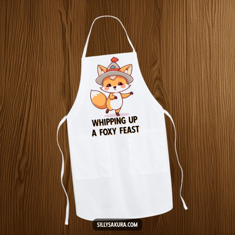 Funny apron illustrating a cheerful fox with a small hat, enthusiastically performing a lively dance in the kitchen.