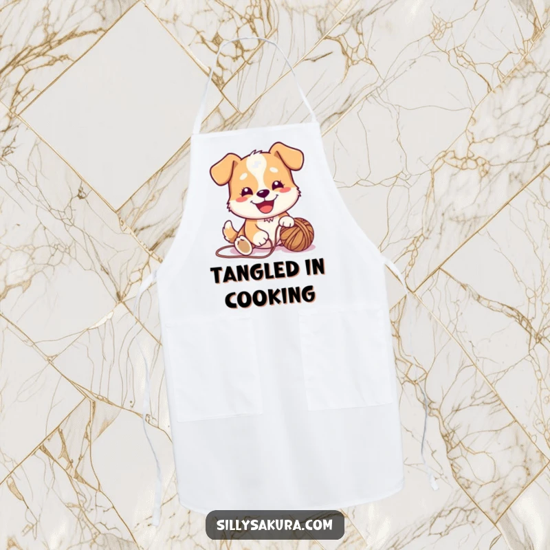 Funny Apron featuring a cute dog character joyfully playing with a yarn ball, perfect for a playful crafting session.