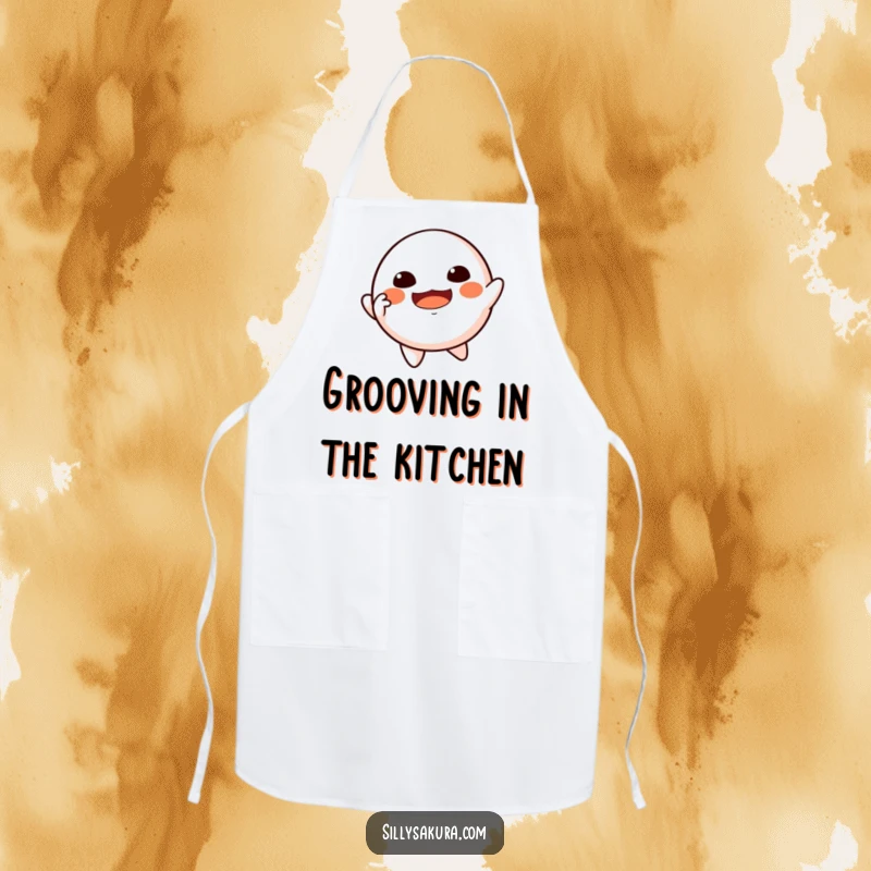 Funny Floating Daruma Apron with a Daruma doll character joyfully dancing in mid-air, ready for kitchen fun.