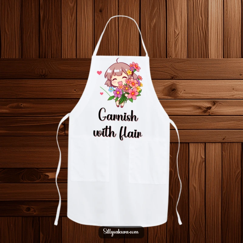 Funny Apron: A character holding a beautiful bouquet of bright, stylized flowers, adding a floral touch to kitchen tasks.
