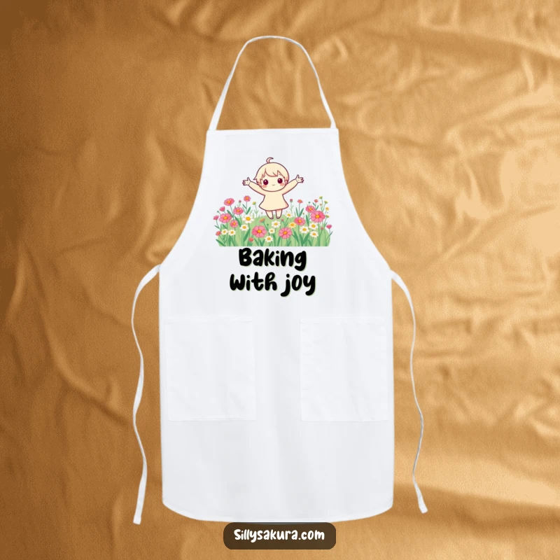 Funny cute character with arms spread wide, spinning joyfully in a vibrant field of flowers, printed on a durable apron.