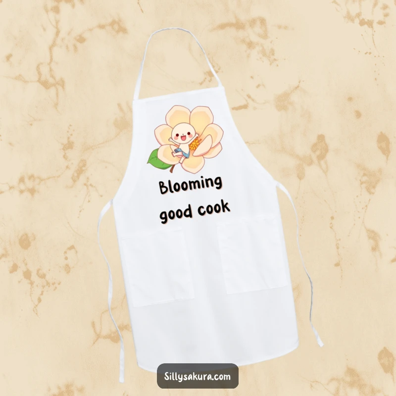 Funny kawaii character joyfully kicking a giant, stylized blossom, printed on a durable apron for a fun cooking experience.