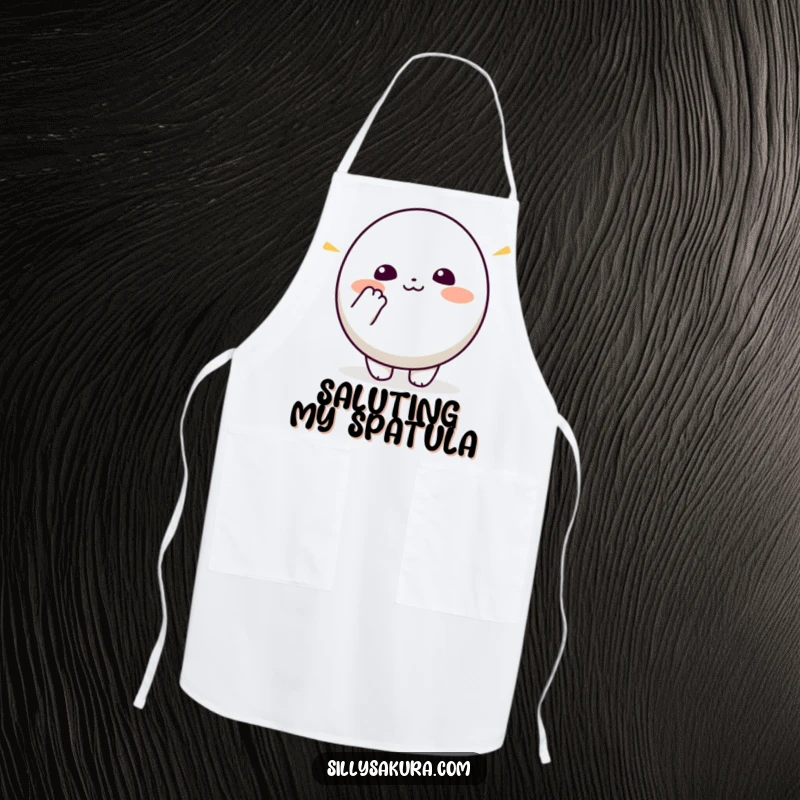 Funny Kawaii Apron. A small, round cute character enthusiastically mimics a bowing gesture, adding charm to your kitchen.