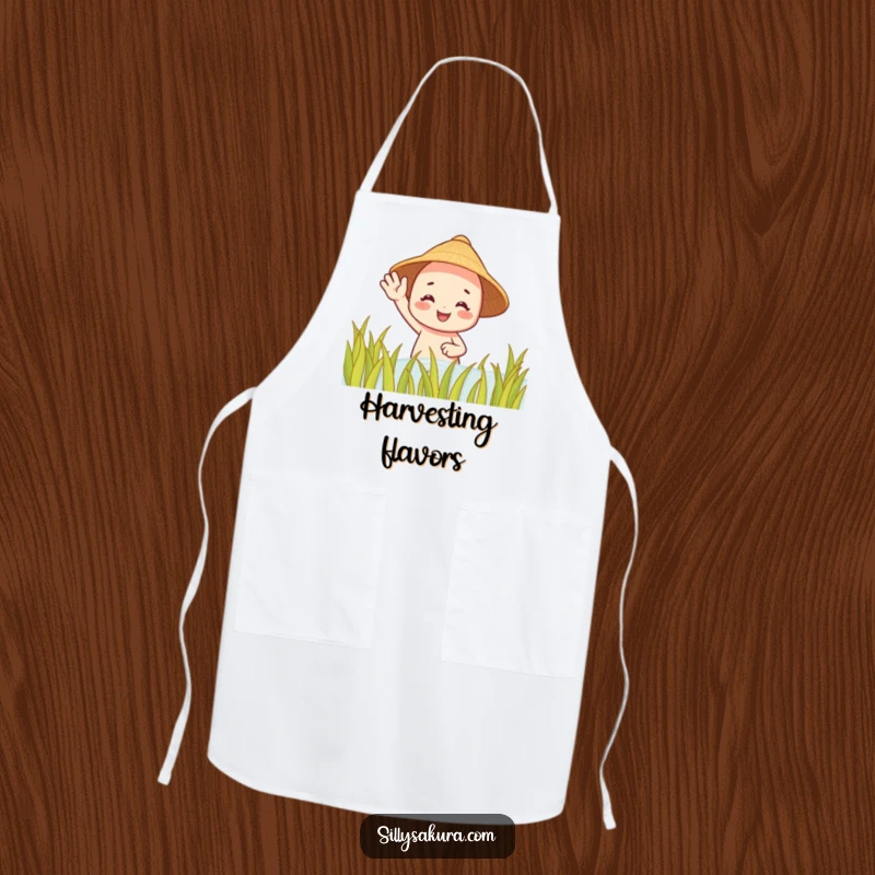 Funny apron: a smiling character in a straw hat waves from a rice paddy, bringing rural cheer to the kitchen.