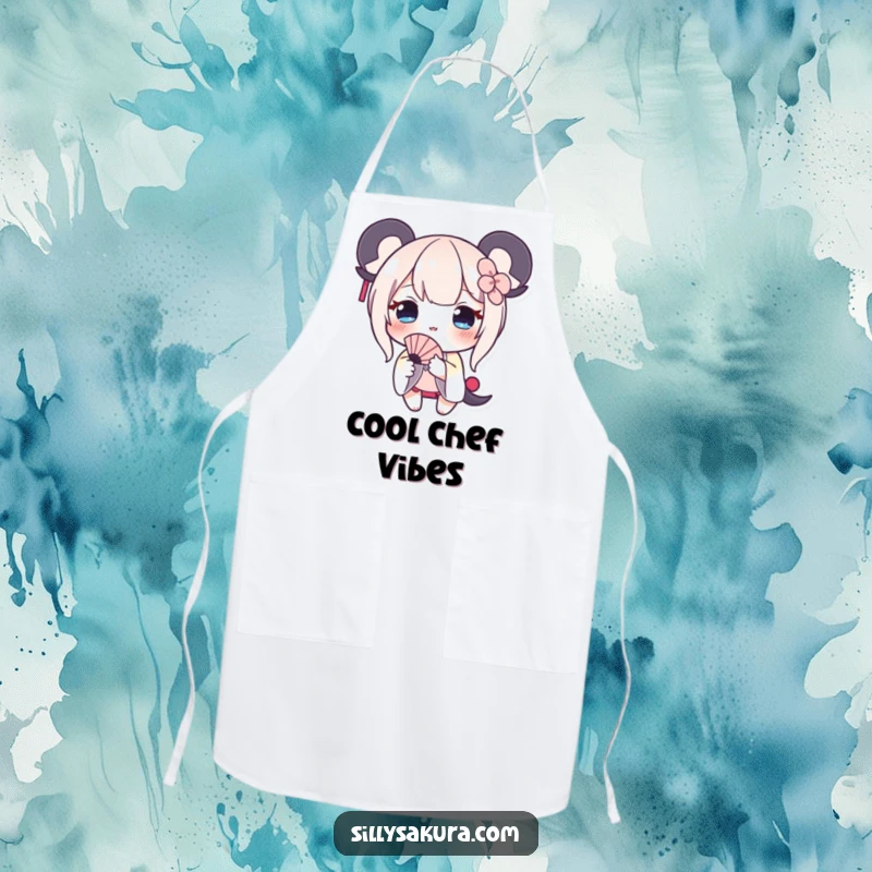 Funny apron showcasing a shy character with a cute blush, offering a tiny fan, for kitchen fun.