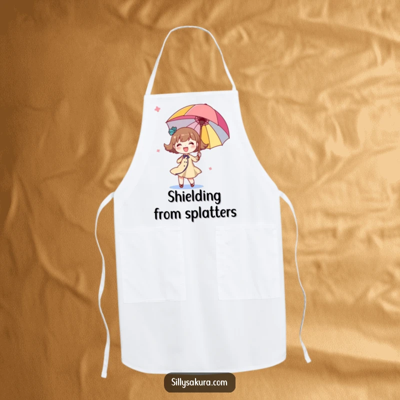 Funny twirling character apron, a cute illustration of a character happily twirling a bright, colorful parasol while cooking.