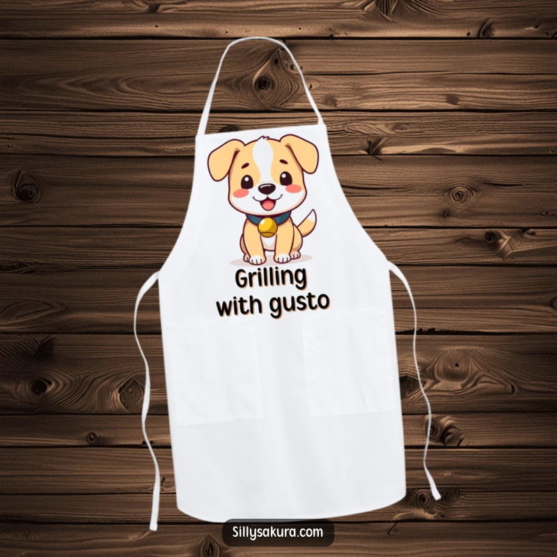 Funny apron showcasing a cute dog wearing a small bell, wagging its tail with gusto and happy energy.