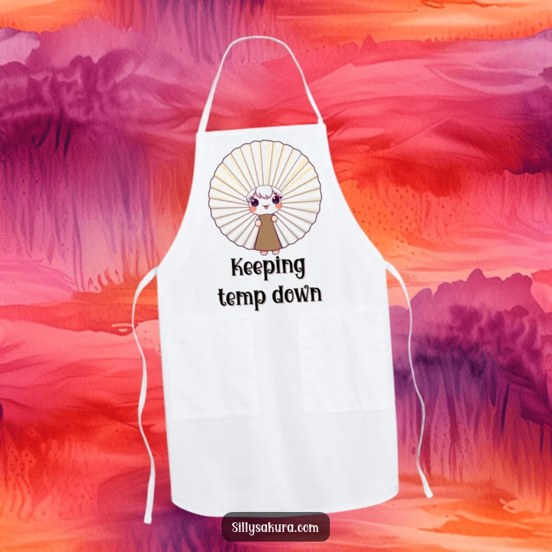 Funny Apron depicting a cute character adorably peeking from behind a giant, smiling fan, perfect for adding playful humor to kitchen activities.