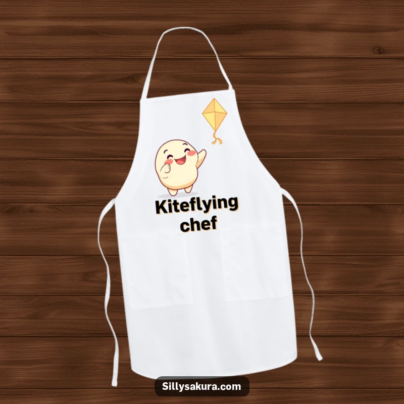 Funny apron featuring a grinning character enthusiastically pointing at a dancing paper kite, perfect for adding a touch of playful humor to cooking or crafting.