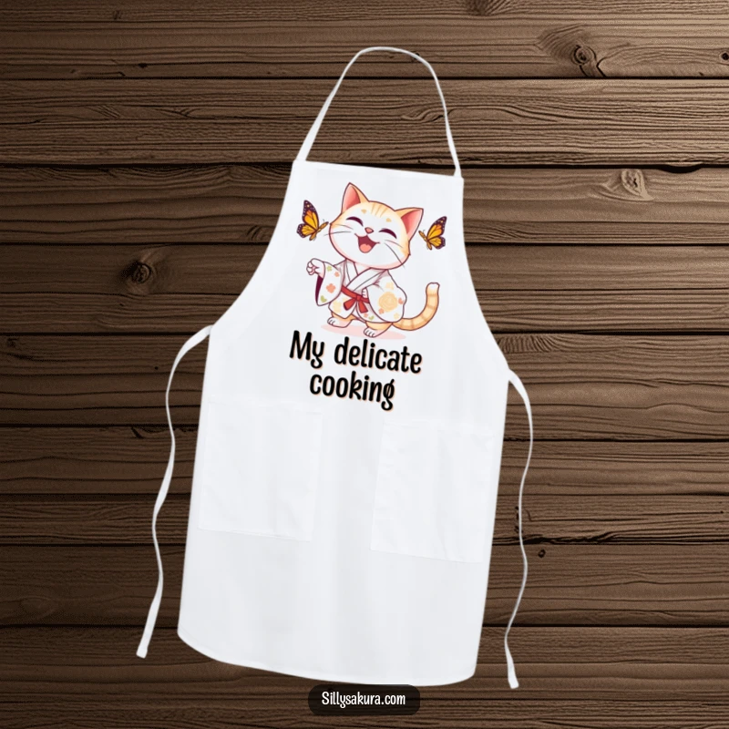 Funny delighted cat in a floral kimono playfully chasing a butterfly on a practical kitchen apron.