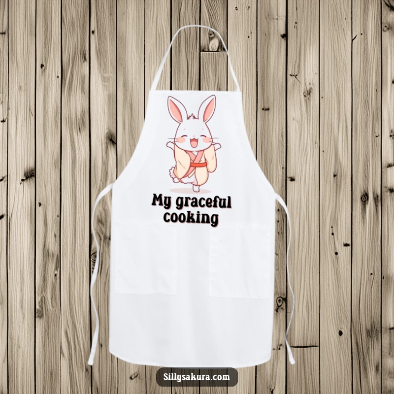 Funny giggling rabbit in a silk kimono attempting a handstand on a practical and amusing kitchen apron.