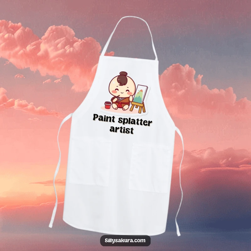 Funny Kawaii apron featuring a round character happily painting traditional artwork, designed to keep artists clean with humor.