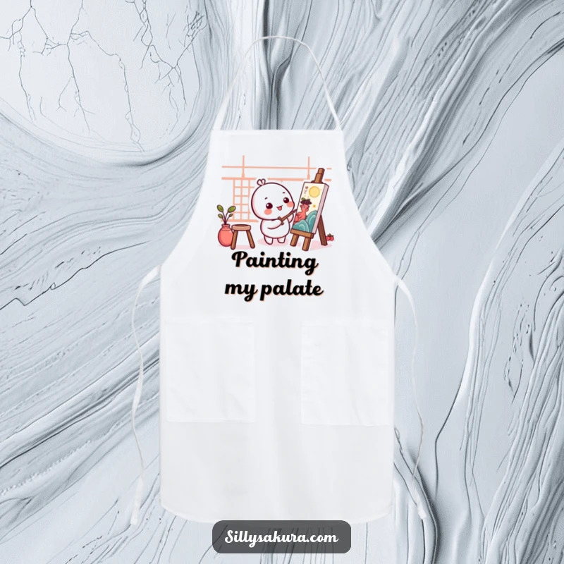 Funny Kawaii Artist Apron with a cute, round character happily painting a traditional artwork, ready for artistic messes.