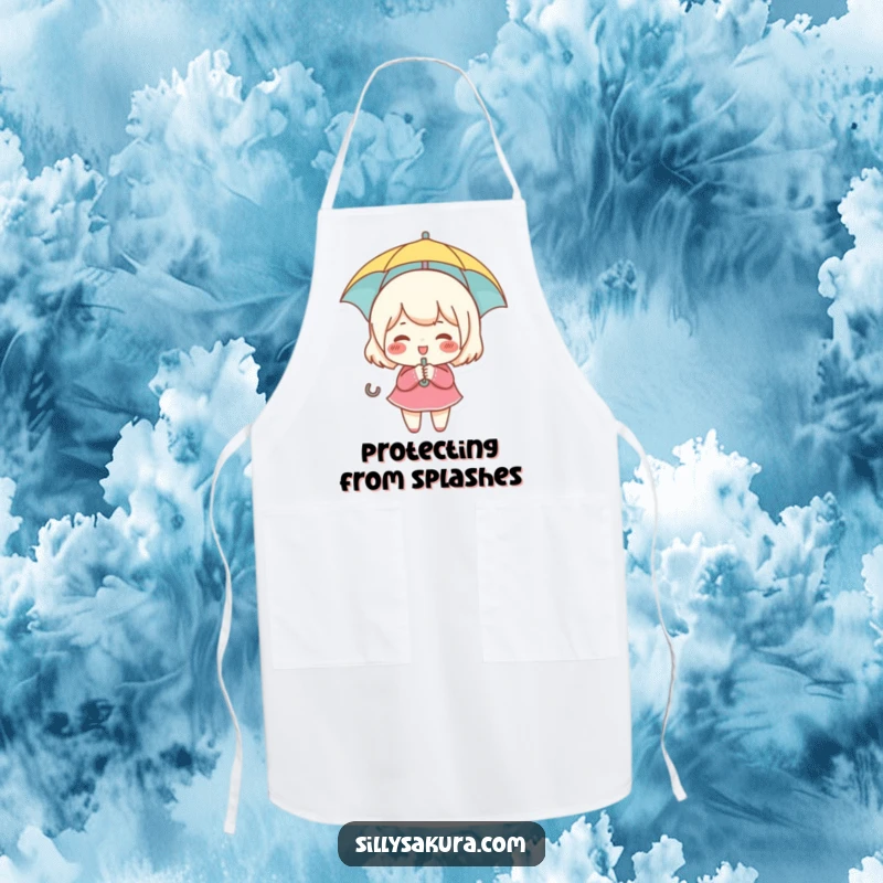 Funny apron depicting a small, rosy-cheeked character giggling while holding a tiny umbrella, perfect for kitchen use.