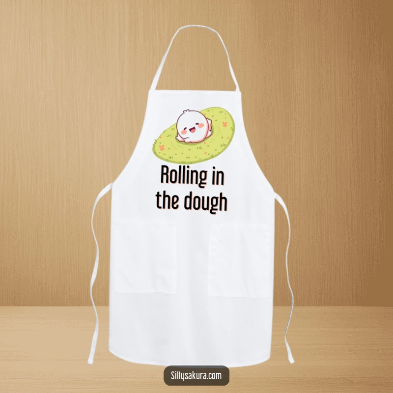 Funny apron with a giggling character smiling and rolling down a grassy hill, perfect for joyful cooking.