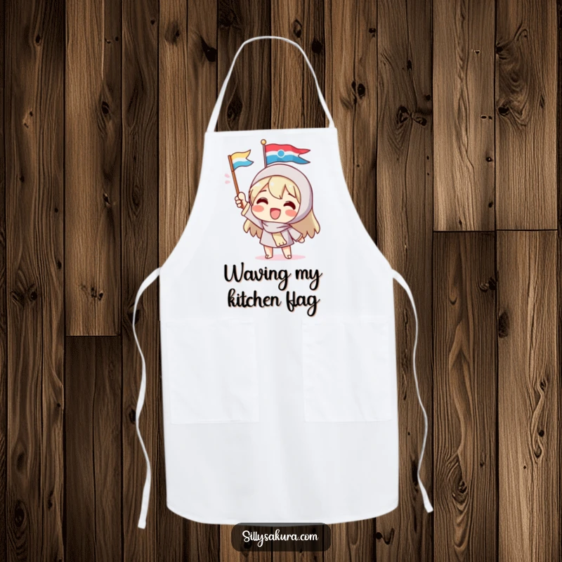 Funny apron with a delighted character enthusiastically waving a small, colorful flag, adding a humorous and cheerful touch to any cooking or crafting session.