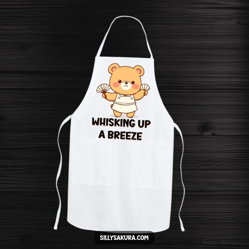 Funny Apron featuring a tiny bear character in a chef's apron, enthusiastically waving a fan, perfect for a hot kitchen.