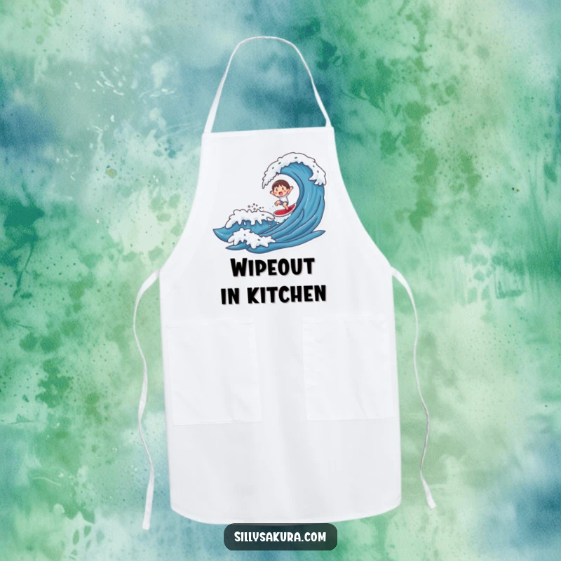 Funny apron showing a character surfing a stylized wave, perfect for a chef or home cook who loves beach themes.