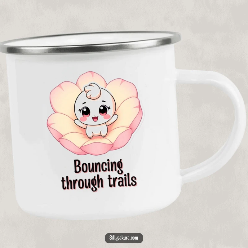 Funny camping mug with a cheerful, big-eyed character bouncing on a pink petal, durable for adventures, joyful for mornings.