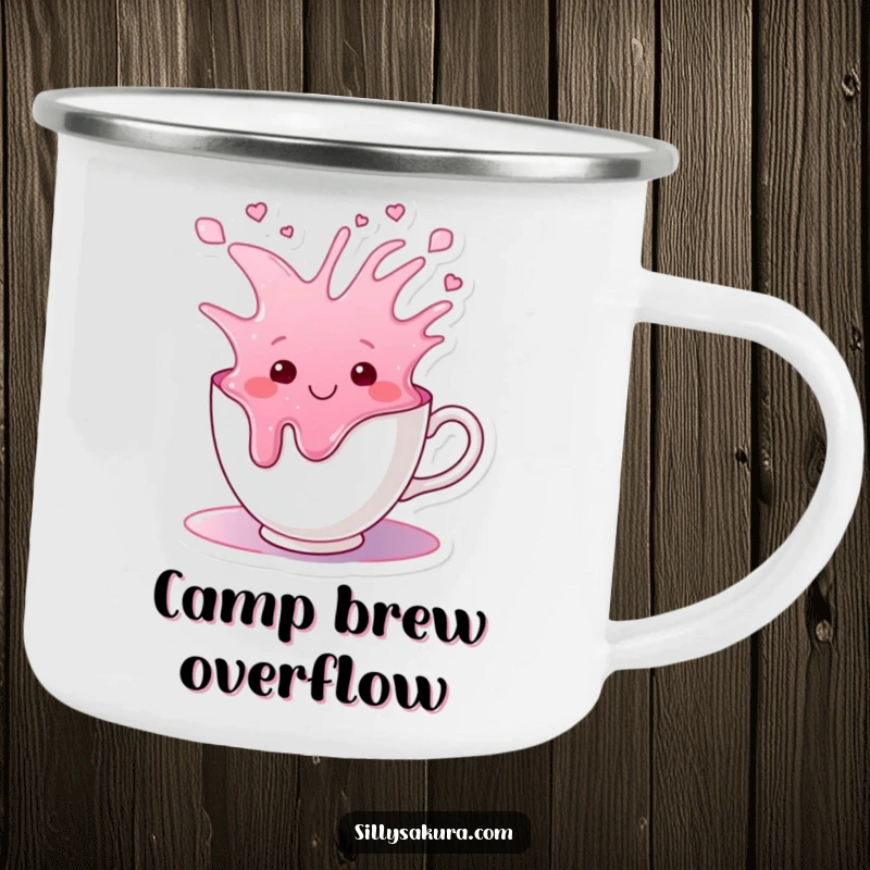 Funny camping mug with a smiling teacup character happily overflowing with colorful liquid, ideal for outdoor enjoyment.