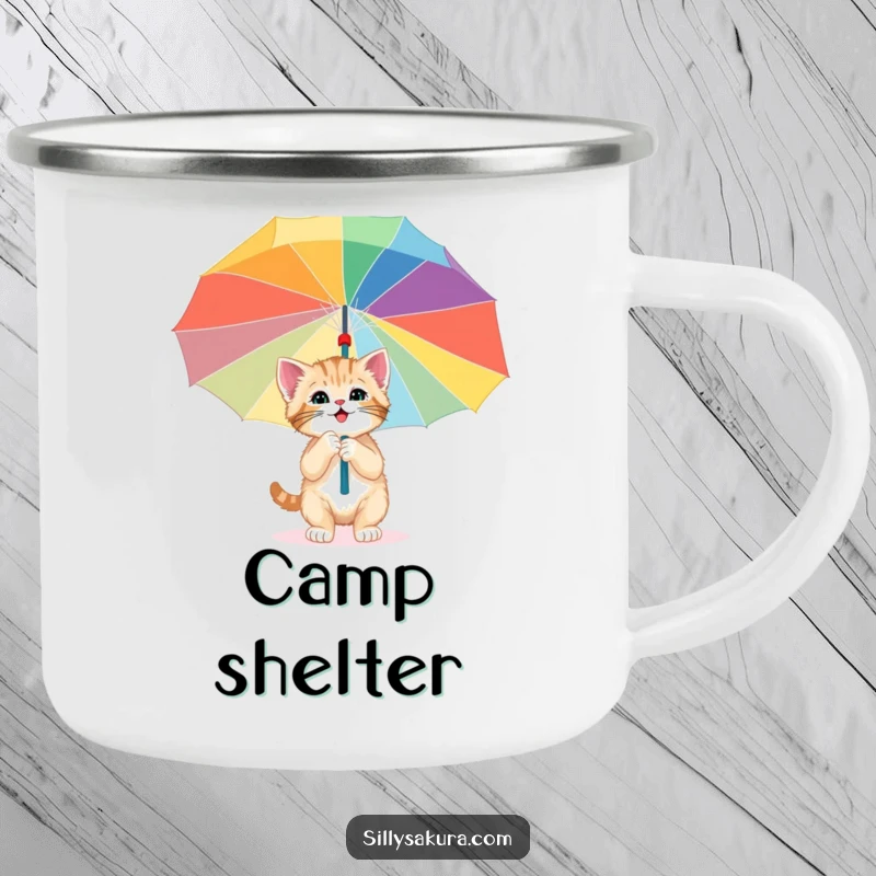 Funny camping mug with a happy kitten exploring under a giant, colorful paper umbrella, perfect for outdoor enthusiasts who love whimsy.