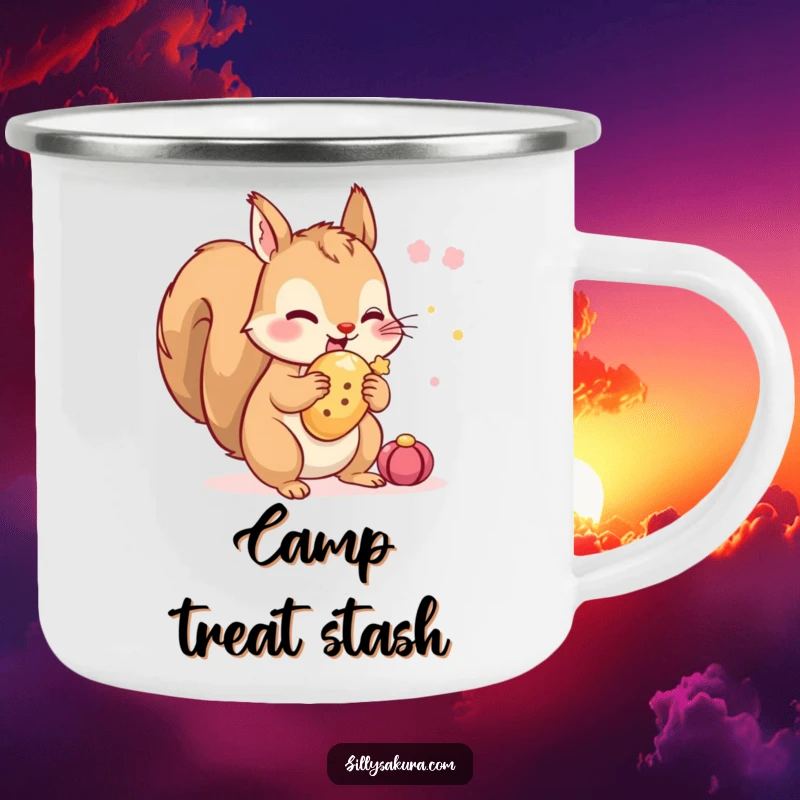 Funny Squirrel Camping Mug: A tiny squirrel character excitedly hiding a festival treat, perfect for outdoor drinks and humorous vibes.