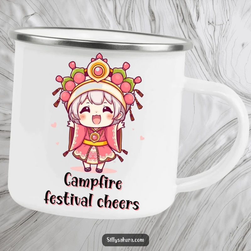 Funny Kawaii camping mug with an excited character dressed in elaborate festival attire, perfect for festive outdoor enjoyment.