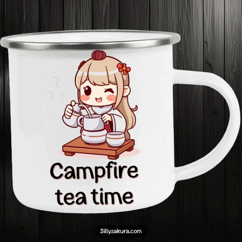 Funny camping mug featuring a cheerful character performing a tea ceremony, pouring tea with a peaceful smile, outdoor ready.