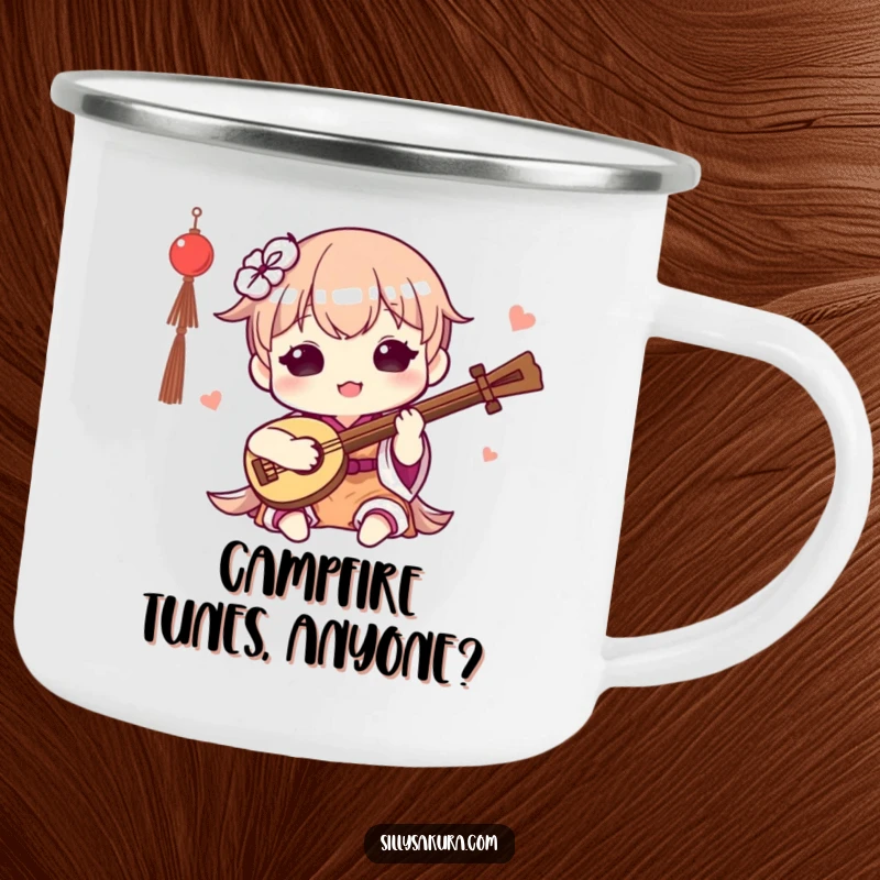 Funny Kawaii Camping Mug. A cute character happily plays a small traditional instrument, designed for outdoor musical enjoyment.