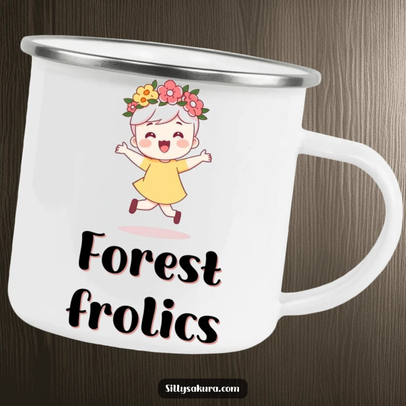 Funny camping mug featuring a cute character in a flower crown, happily skipping with infectious joy on an adventure.