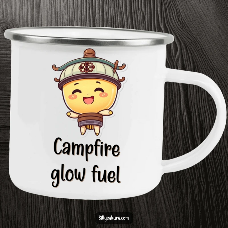 Funny camping mug featuring a happy lantern character bobbing up and down, perfect for outdoor enthusiasts seeking cheer.