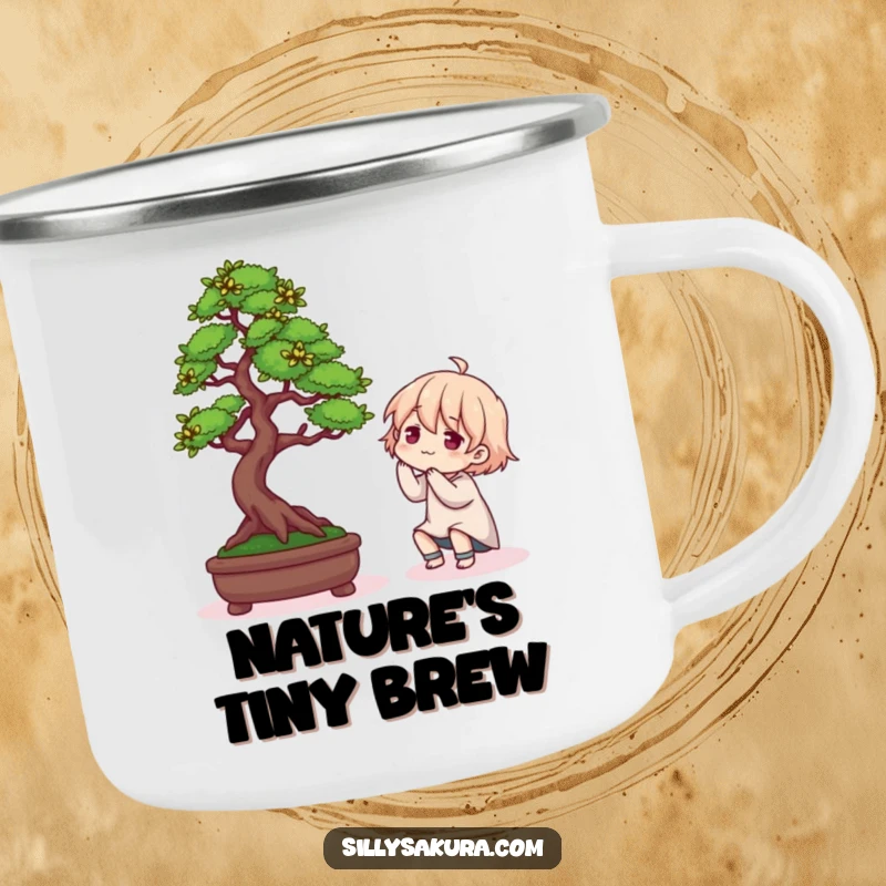 Funny camping mug featuring a character comically tending to a Bonsai tree, perfect for outdoor enthusiasts and plant lovers.