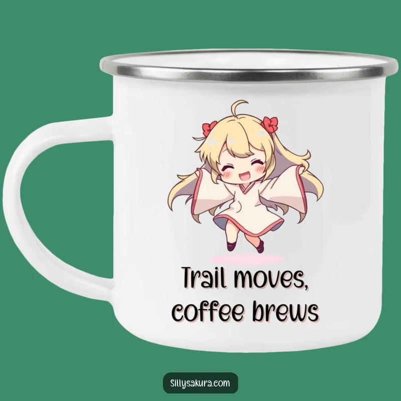 Funny Dancing Character Camping Mug: Adventure with Flowing Sleeve Merriment