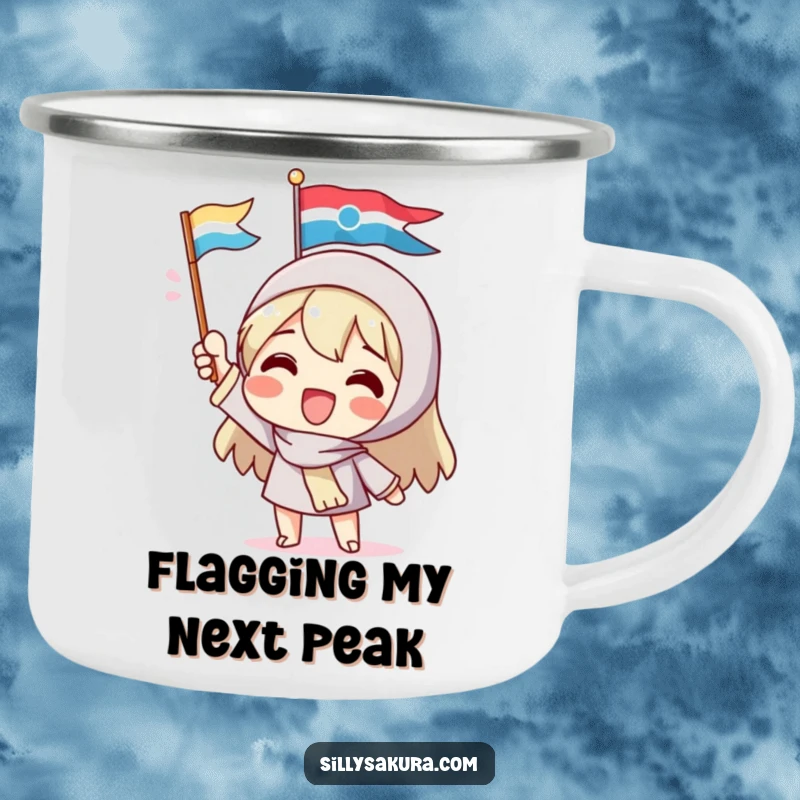 Funny camping mug with a delighted character enthusiastically waving a small, colorful flag, perfect for outdoor enthusiasts who love humor and adventure.