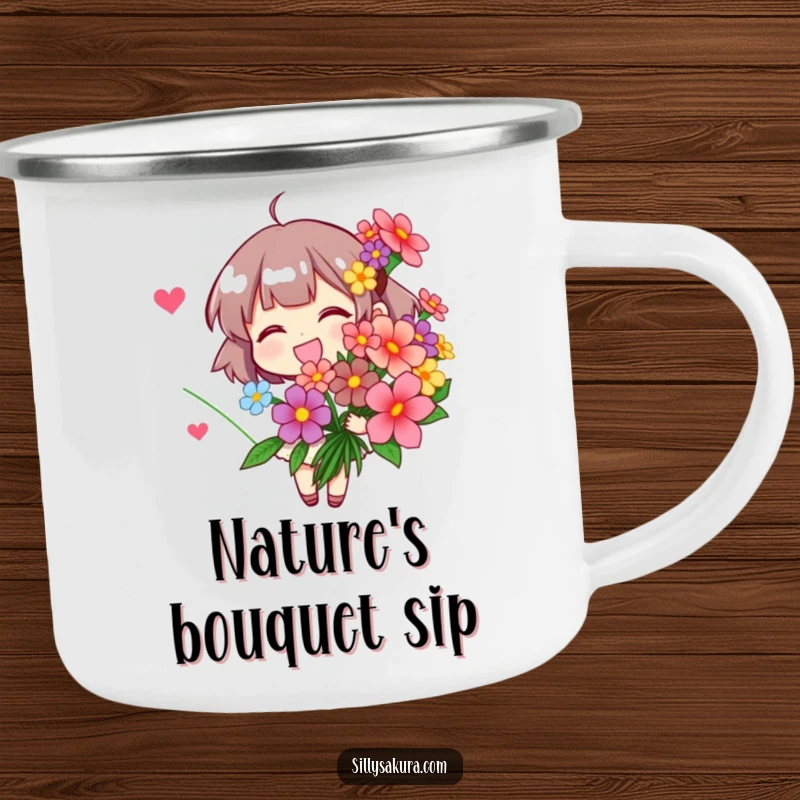 Funny Camping Mug: A character holding a bright bouquet of stylized flowers, ready for outdoor enjoyment.