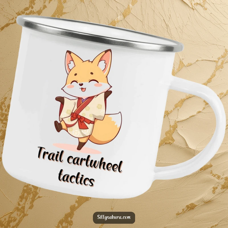 Funny camping mug showing a spirited fox in a traditional kimono attempting a cartwheel, perfect for campfire stories.